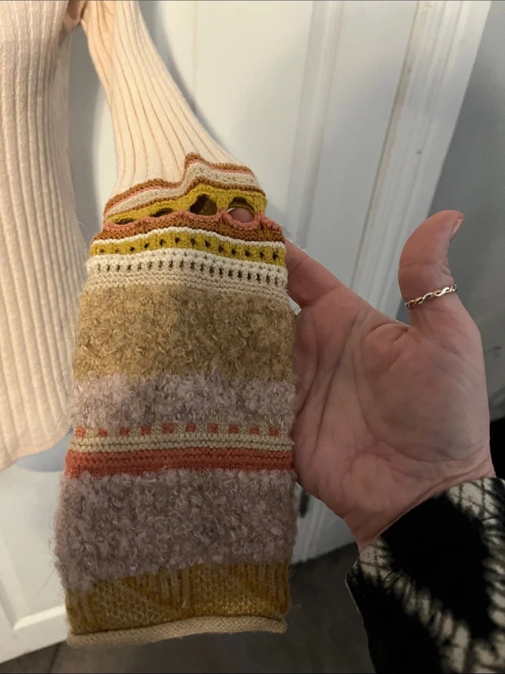 Free People Soft Peach Turtleneck Sweater with Patterned Cuffs Arm Warmer